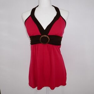 Y2K Halter Top Womens Pink Brown Trim Babydoll Club Medium Millennial